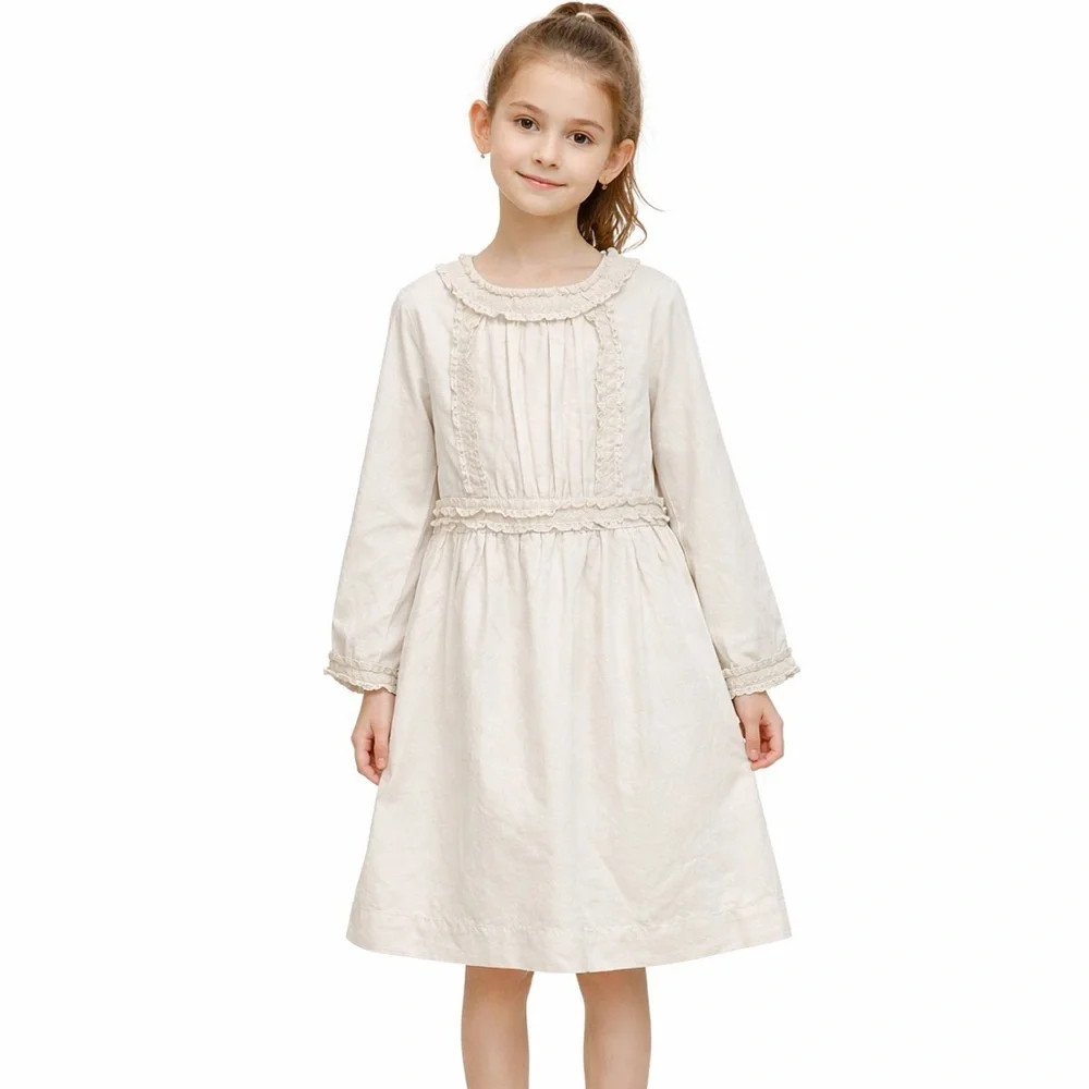 Bonpoint little girls cotton and wool cottagecore Cream Long Sleeve Dress NEW